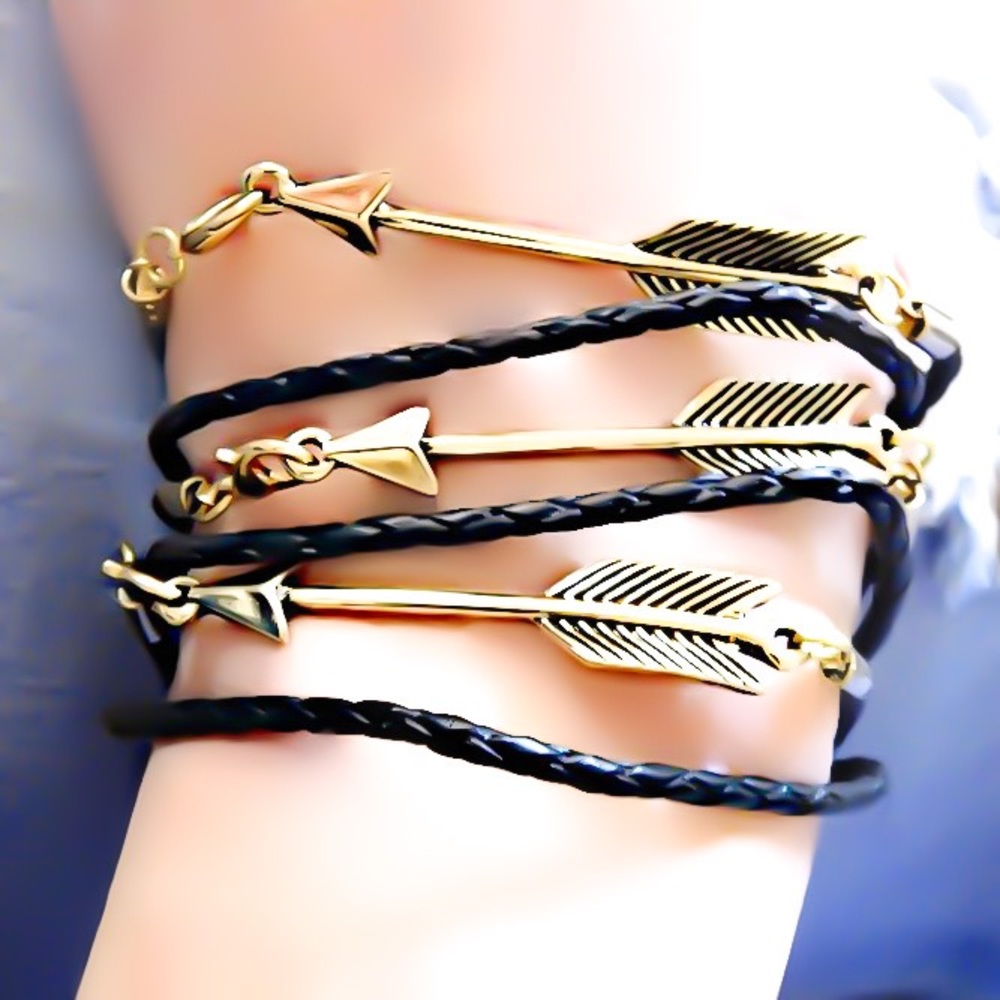 𝟯 𝗣𝗔𝗖𝗞! black braided genuine leather arrow wrap bracelet